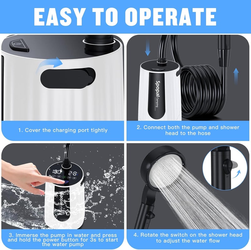 Spopal Portable Shower for Camping, [Upgraded] 10000mAh Rechargeable Camping Shower with 5 Adjustable Speeds,Premium LED Display, IPX8 Waterproof Outdoor Shower Kit for Hiking, Car, Pet, Travel - Image 5